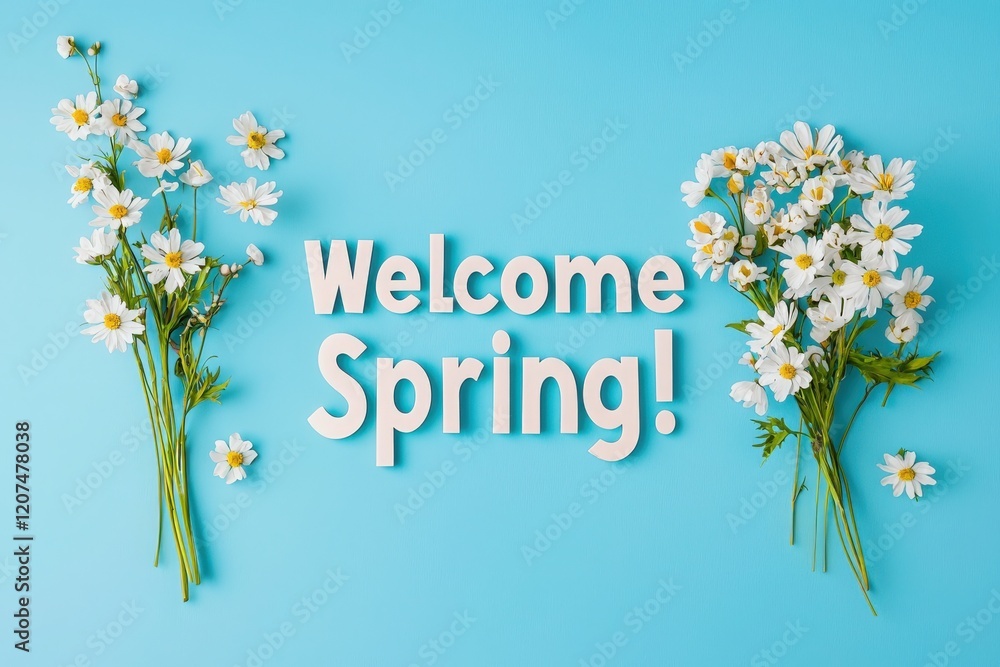 Colorful daisies arranged elegantly on a bright blue backdrop celebrate the arrival of spring. The playful message invites joy and renewal during the most vibrant season of the year.