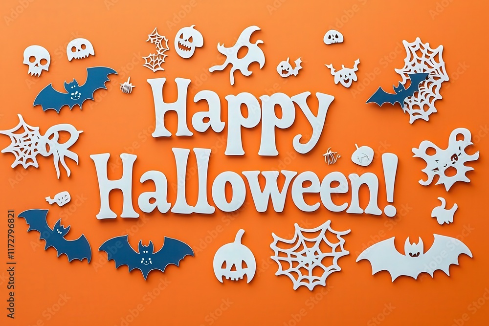 Colorful decor displays Happy Halloween surrounded by various spooky shapes like bats, pumpkins, and cobwebs against a vibrant orange backdrop. Perfect for seasonal festivities.