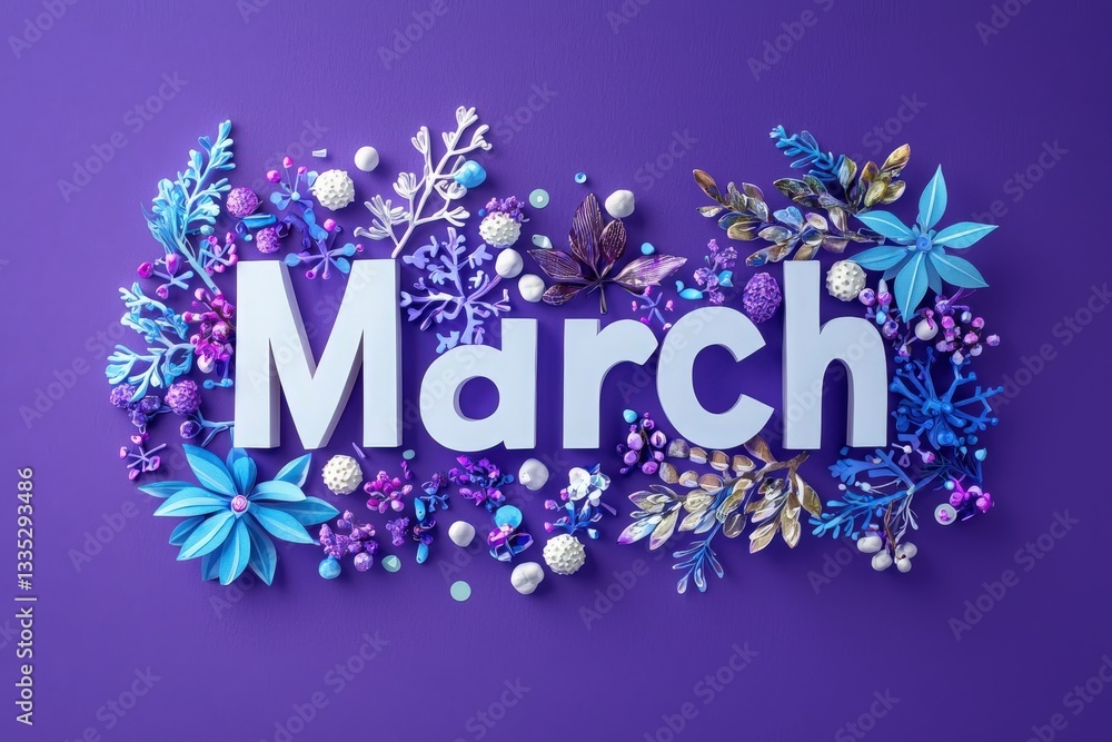 Colorful decoration features the word March surrounded by various flowers, leaves, and ornaments. The bright purple background adds vibrancy to the design, celebrating the arrival of spring.