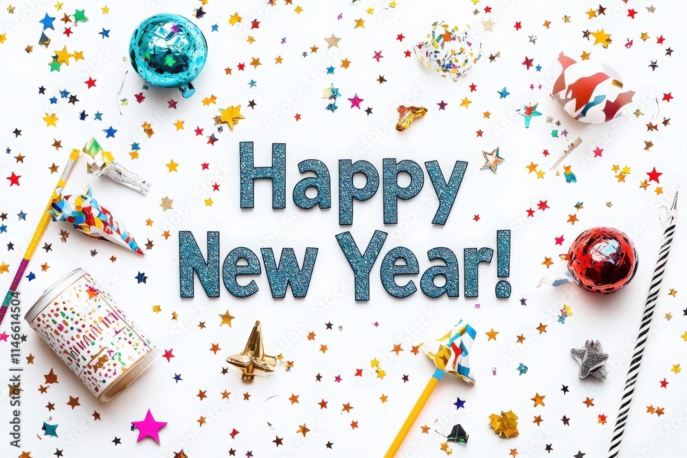 Colorful decorations and confetti are spread across a bright surface, featuring a bold greeting wishing everyone a Happy New Year. Party items create a festive atmosphere ideal for celebration.