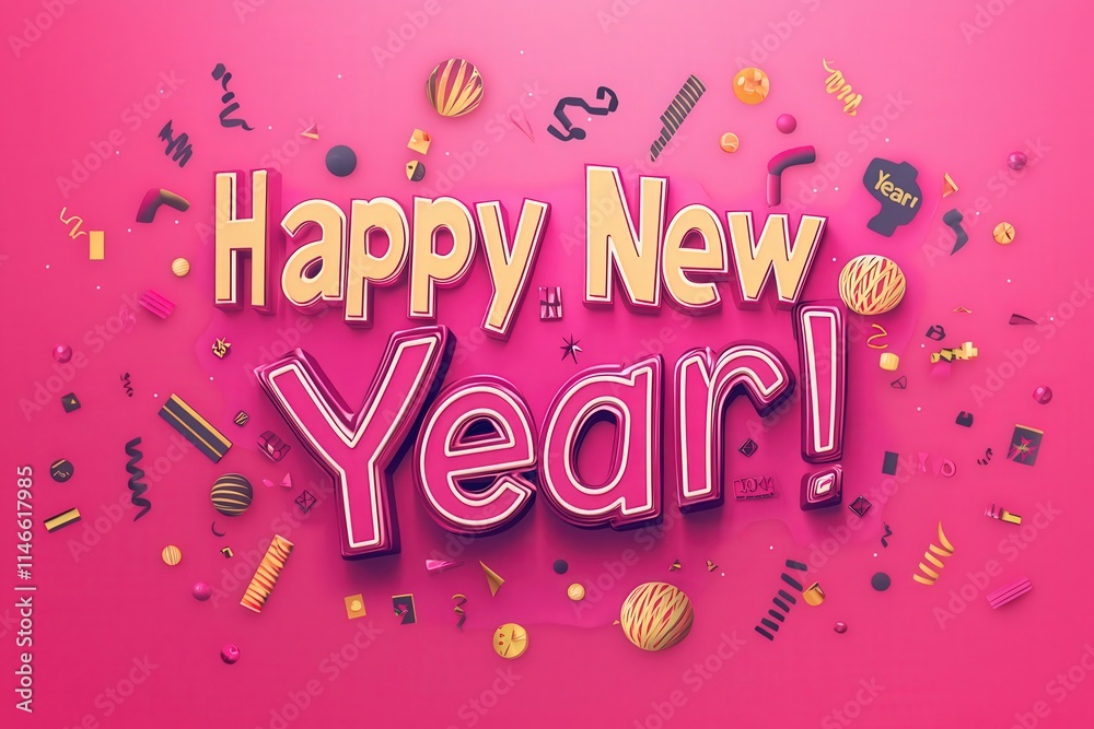 Colorful decorations and playful confetti create a festive atmosphere for welcoming the new year. The cheerful message encourages celebration and excitement for fresh beginnings.