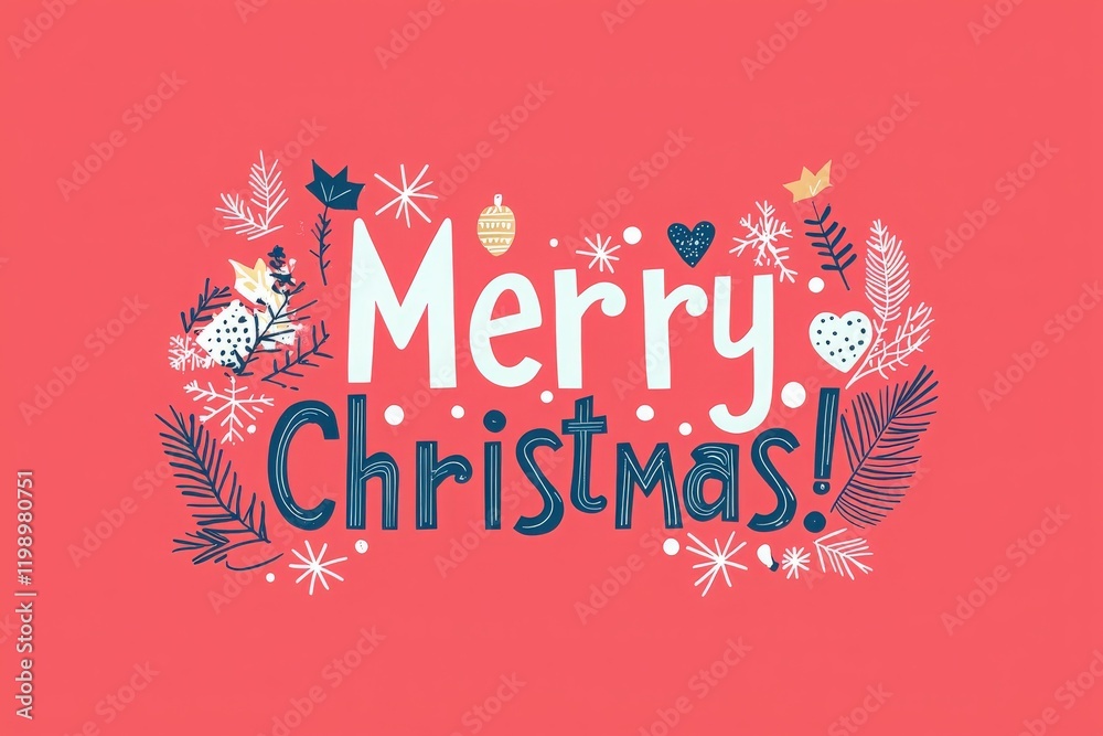 Colorful decorations and playful lettering express warm holiday wishes. The design features snowflakes, hearts, and Christmas ornaments on a vibrant coral background.