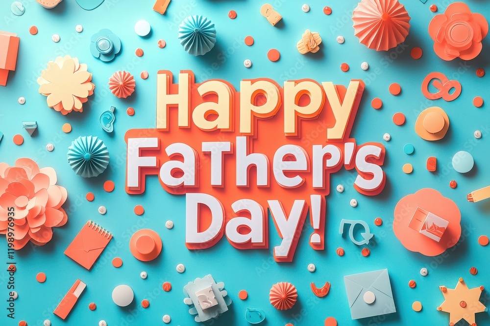 Colorful decorations are arranged artistically to celebrate Fathers Day. Bright paper flowers, shapes, and festive elements create a cheerful atmosphere, conveying appreciation and love for dads.