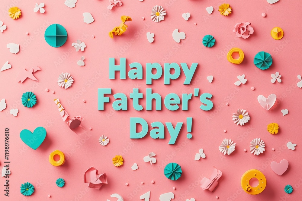 Colorful decorations are arranged on a pink background to celebrate Fathers Day, featuring playful shapes and cheerful designs. The joyful atmosphere is accentuated by various ornamental pieces.