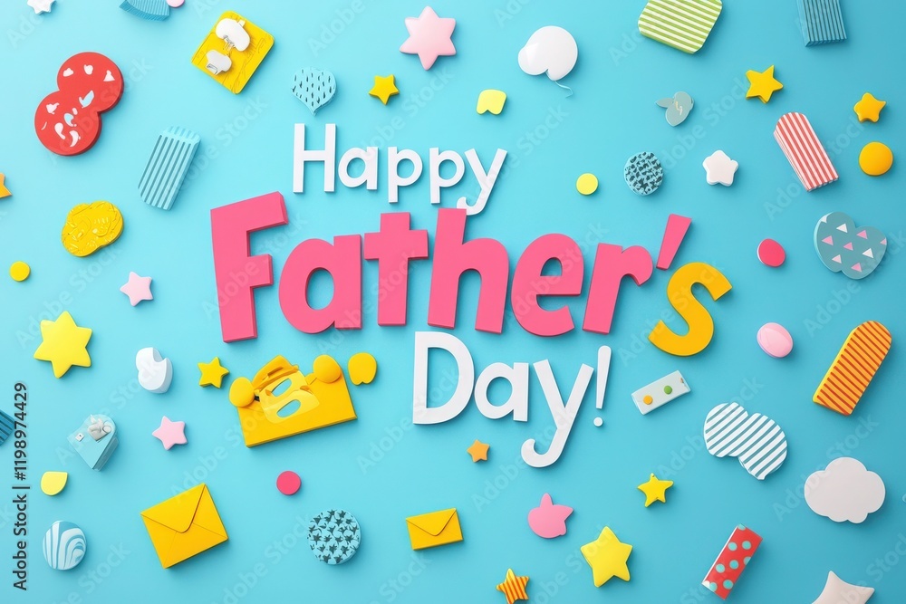 Colorful decorations celebrate Fathers Day with cheerful letters and playful shapes. The design includes stars, hearts, and various playful icons, creating a joyful atmosphere.