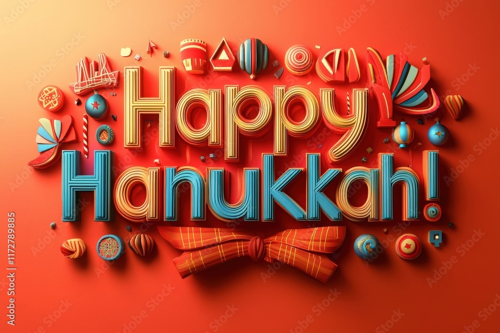Colorful decorations celebrate Hanukkah with a joyful message. The design is adorned with stars, dreidels, and candies, creating a festive atmosphere for the holiday season.