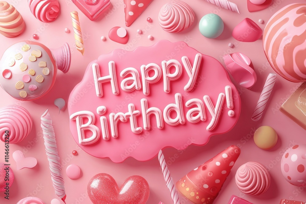 Colorful decorations celebrate a birthday with a pink backdrop filled with various sweets. Items include candies, chocolates, and festive party hats, creating a joyful atmosphere for the occasion.