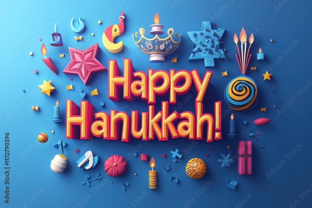 Colorful decorations celebrate the Hanukkah festival, featuring traditional symbols like menorahs, dreidels, and sweets. Bright colors create a joyful atmosphere for this special occasion.