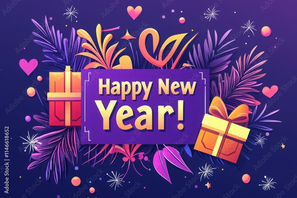 Colorful decorations display gifts and festive elements celebrating the arrival of the New Year. Vibrant colors and joyful symbols create a cheerful atmosphere for the occasion.