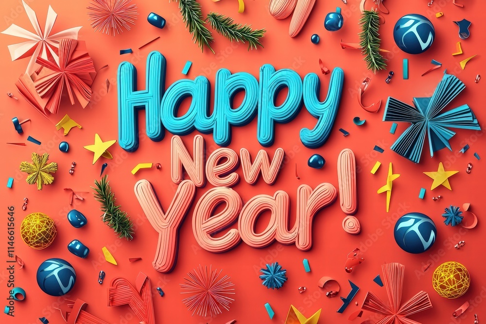 Colorful decorations feature the phrase Happy New Year in bold letters against a vibrant background. Festive ornaments and confetti surround the greeting, enhancing the celebratory atmosphere.