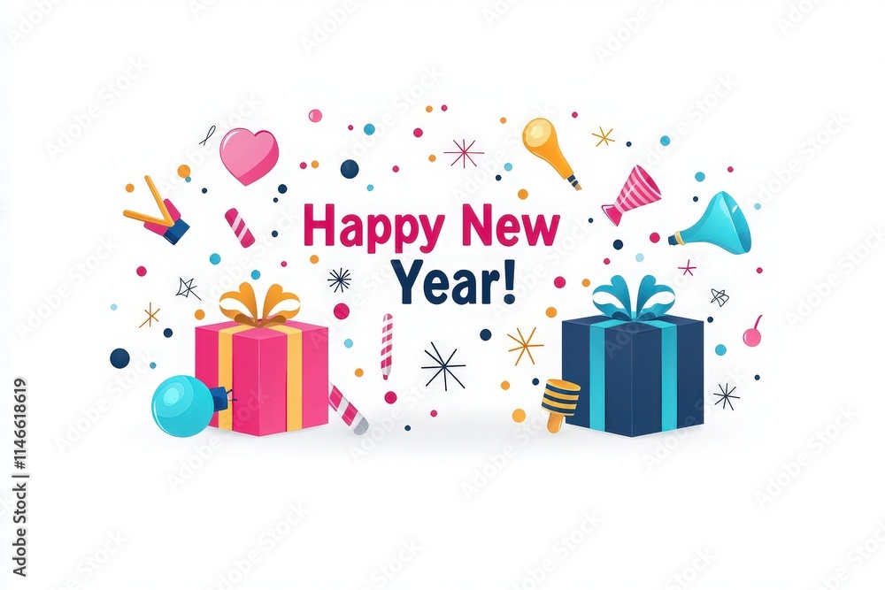 Colorful decorations feature two presents adorned with ribbons, surrounded by party elements such as balloons, streamers, and confetti. This festive arrangement celebrates the arrival of the New Year.