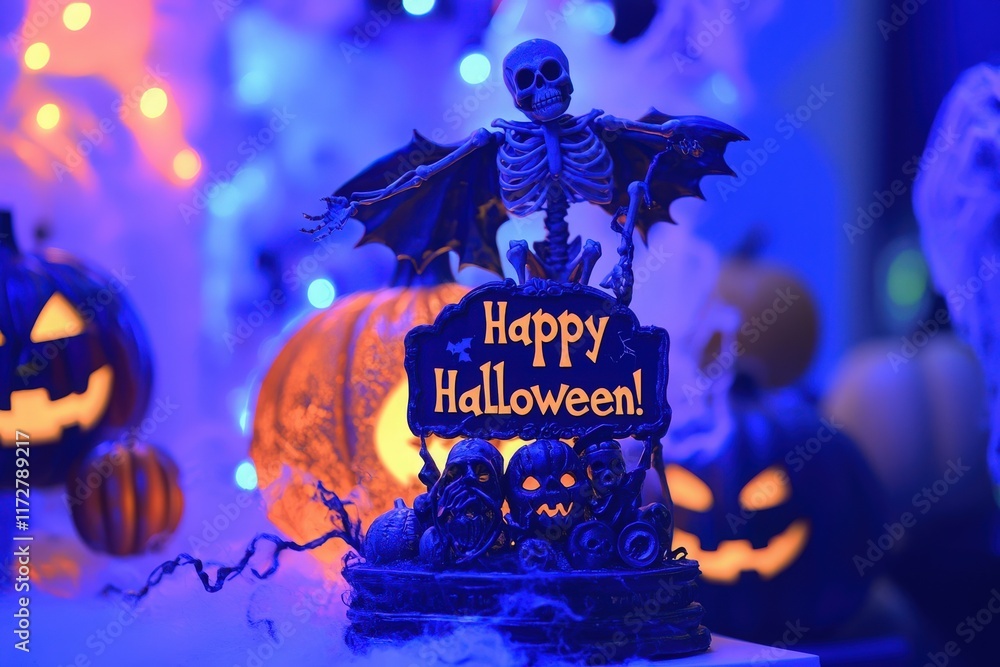 Colorful decorations featuring a skeleton and glowing pumpkins set the mood for a Halloween celebration. The vibrant blue lighting enhances the spooky yet festive ambiance.