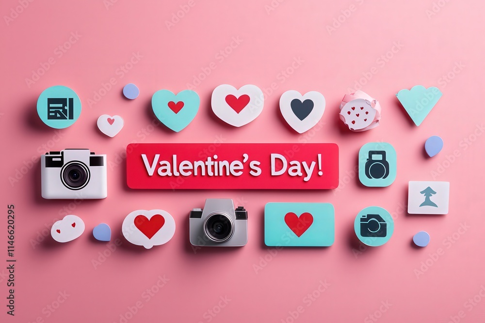 Colorful decorations featuring hearts, cameras, and playful elements celebrate Valentines Day. The pastel background highlights the joyful theme of love and creativity for the special occasion.