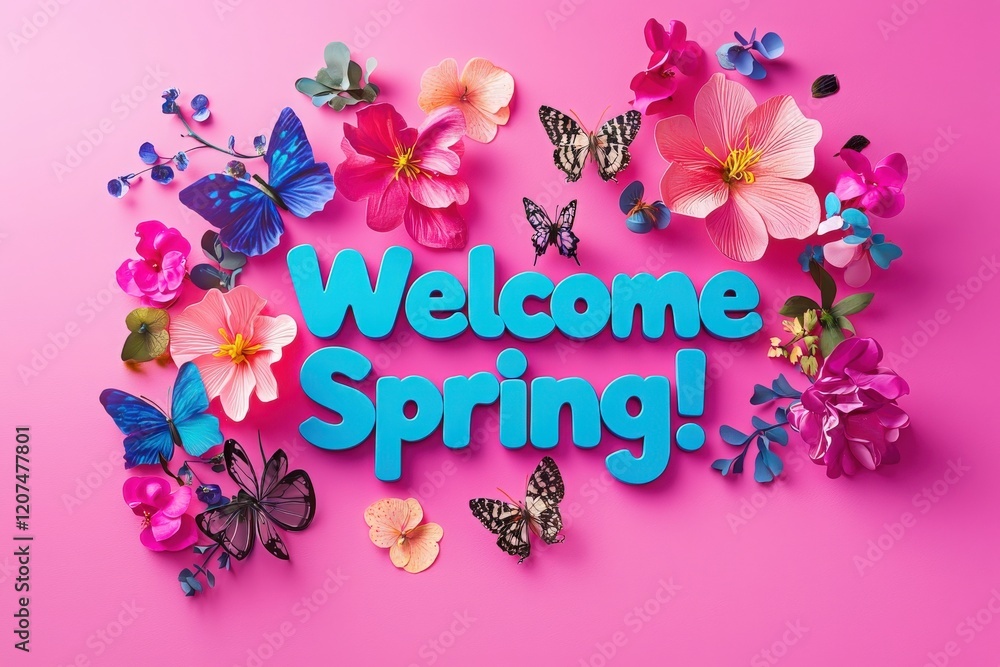 Colorful decorations featuring various flowers and butterflies create a vibrant spring welcome display on a pink background. The scene evokes a cheerful atmosphere of seasonal change.
