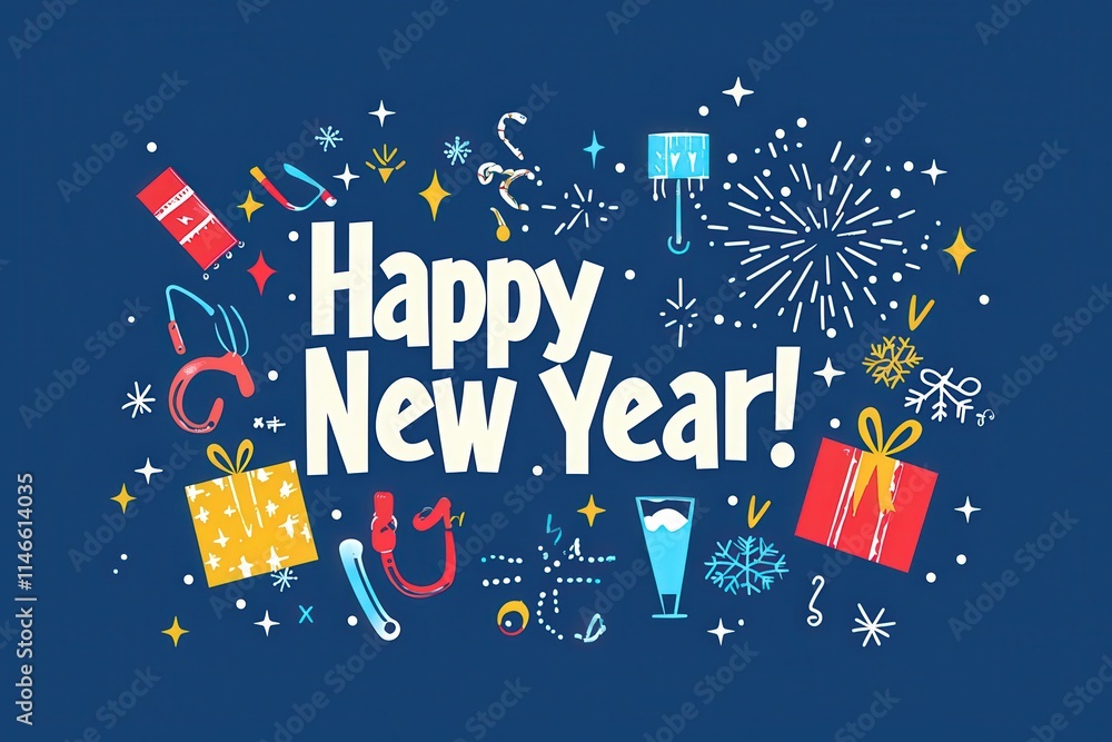 Colorful decorations fill the background, celebrating the arrival of a new year. Gifts, fireworks, and party items create a joyful atmosphere, inviting everyone to join the festivities.