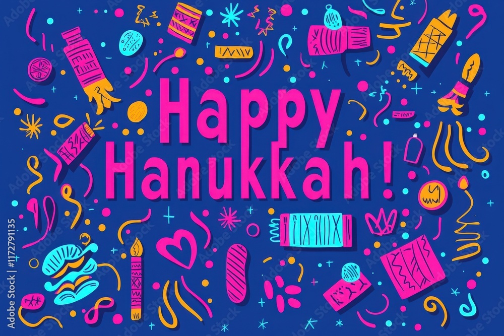Colorful decorations fill the background, featuring cheerful designs and symbols of Hanukkah. The phrase Happy Hanukkah! stands out prominently, capturing the festive spirit.