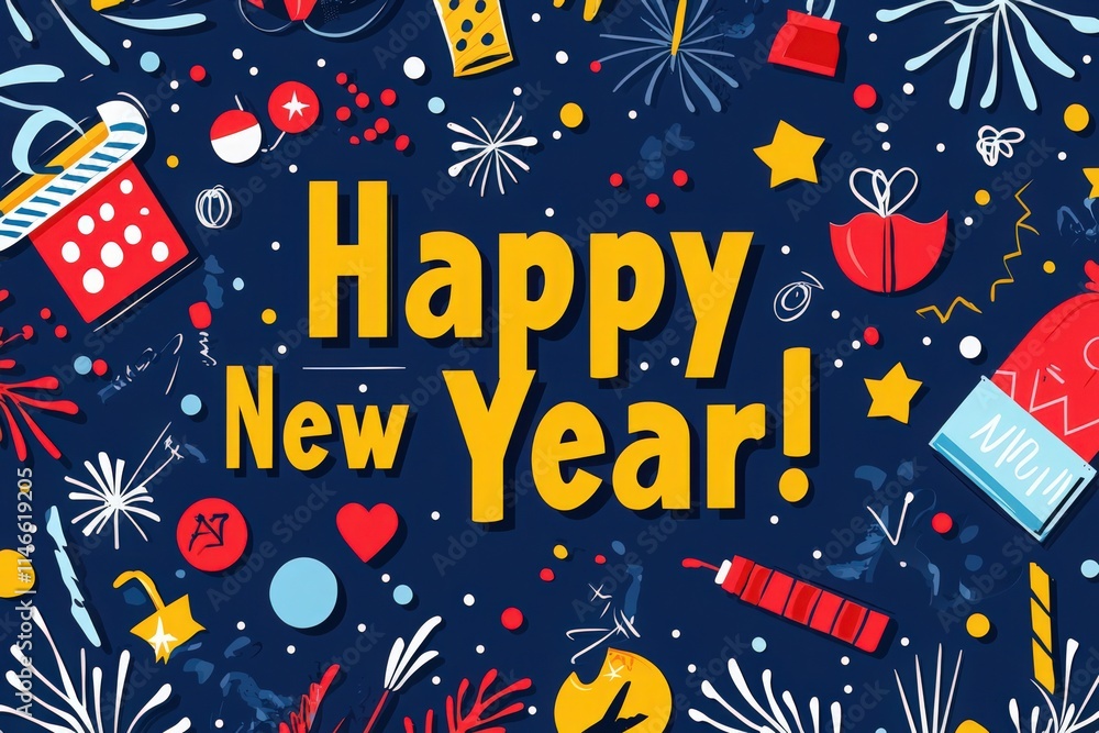 Colorful decorations fill the scene, featuring festive items such as party hats, confetti, stars, and fireworks. The bright colors and bold text create a joyful atmosphere for welcoming the New Year.