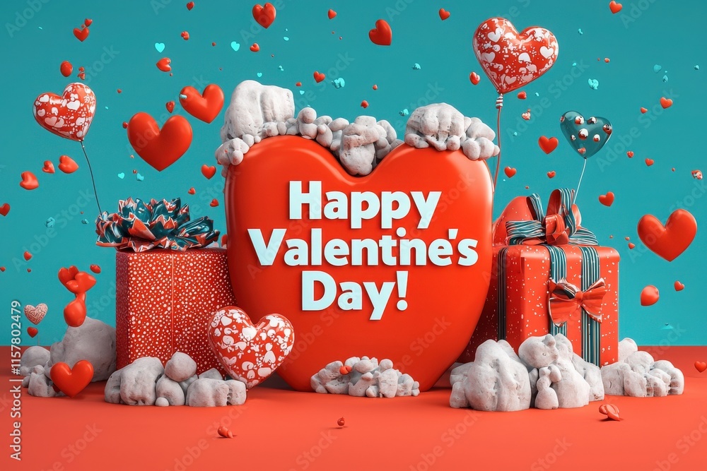 Colorful decorations fill the setting, including balloons, hearts, and wrapped gifts, creating a joyful atmosphere for Valentines Day celebrations and expressions of love.
