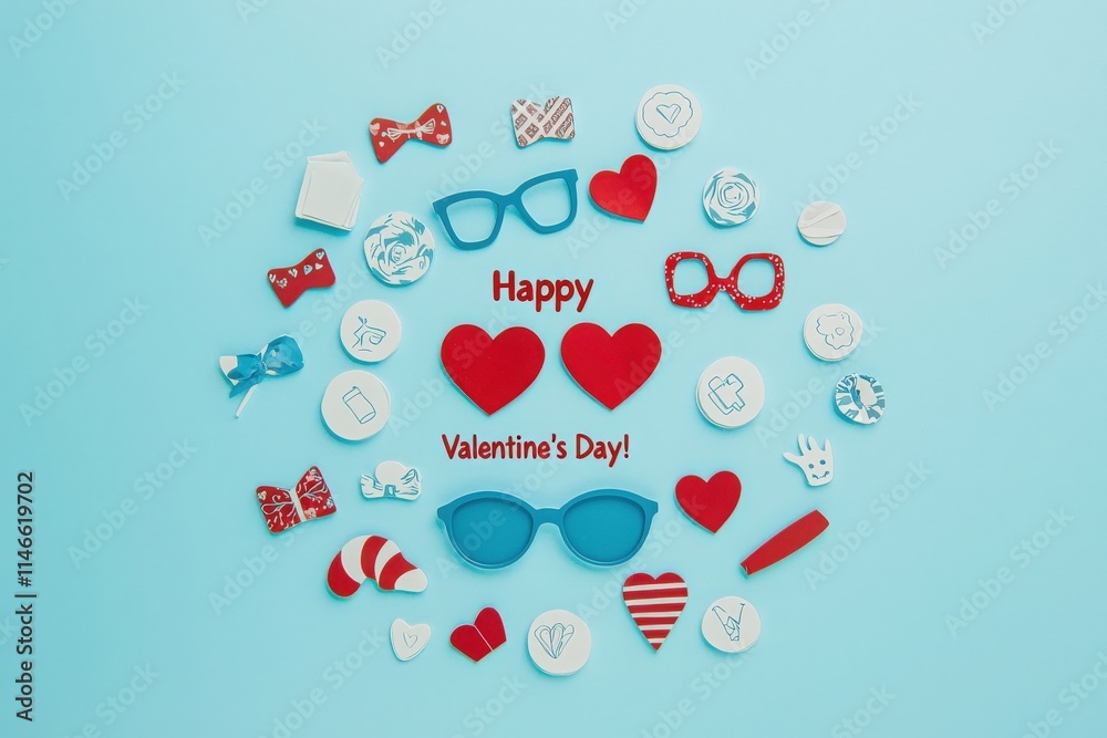Colorful decorations including hearts, candies, and sunglasses are arranged in a circular pattern on a blue background celebrating Valentines Day. The text conveys a cheerful greeting.