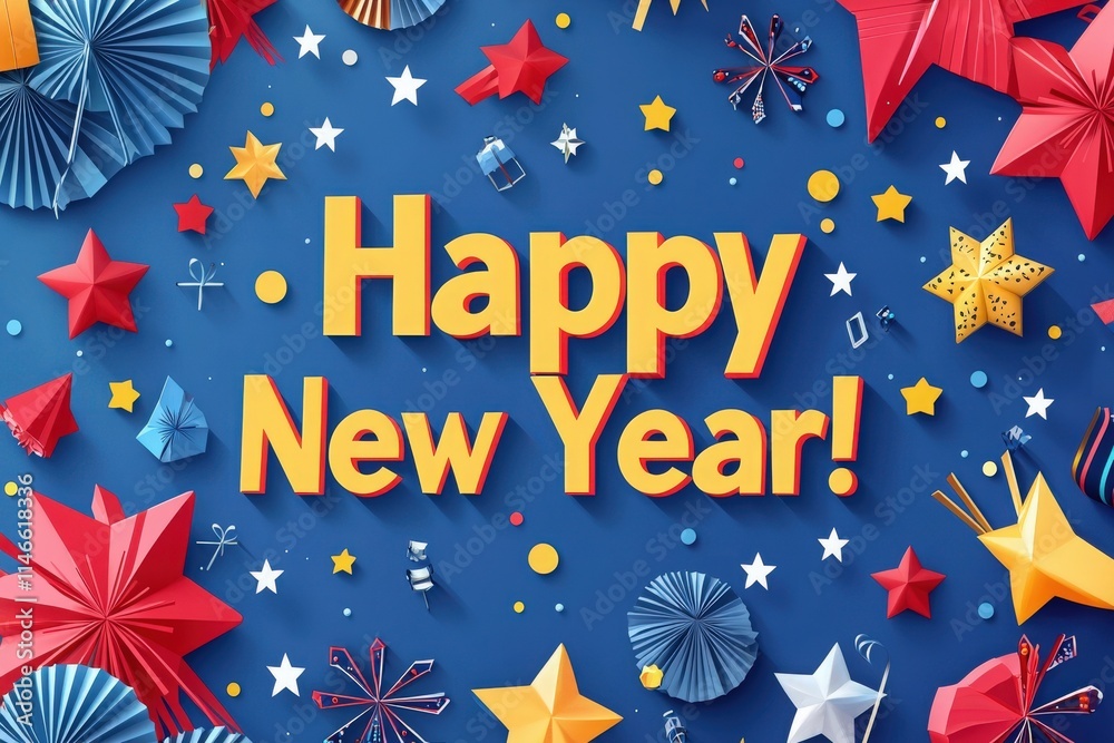 Colorful decorations including stars, paper fans, and confetti create a joyful atmosphere for New Year festivities. The cheerful message invites everyone to celebrate the upcoming year.