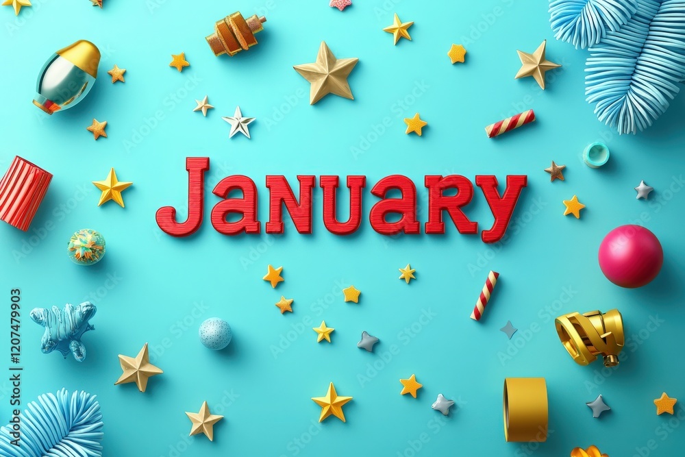 Colorful decorations related to January are scattered across a vibrant blue background, including stars, ornaments, and festive items, creating a cheerful atmosphere.