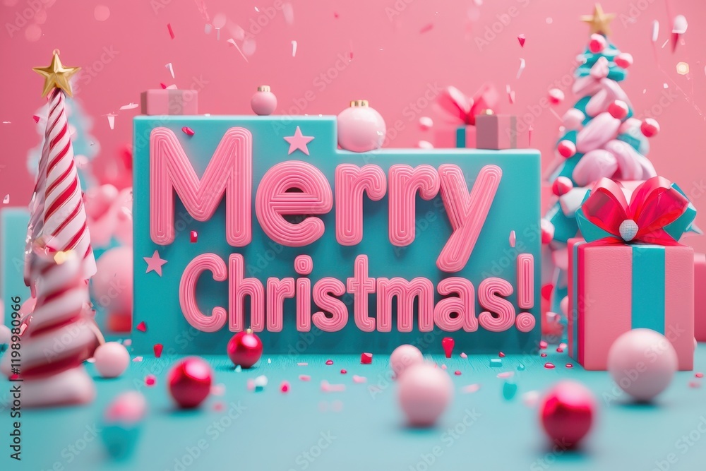 Colorful decorations set a joyful atmosphere for Christmas celebrations. Featuring a pink and blue background, festive ornaments, and a cheerful message, the scene radiates holiday spirit and joy.