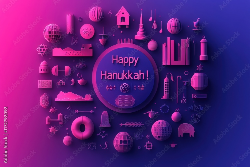 Colorful decorations showcasing various symbols of Hanukkah such as menorahs, dreidels, and stars fill the composition.