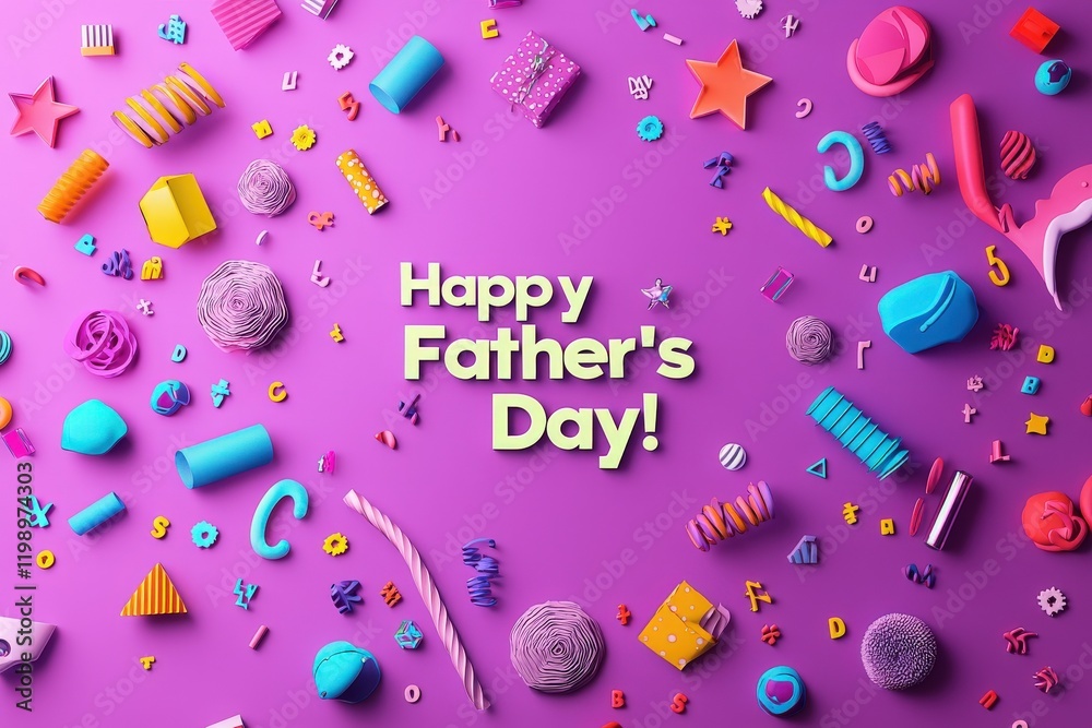 Colorful decorations spread across a vibrant purple surface, featuring various shapes and textures. The cheerful message wishing happy fathers day stands out prominently in the center.