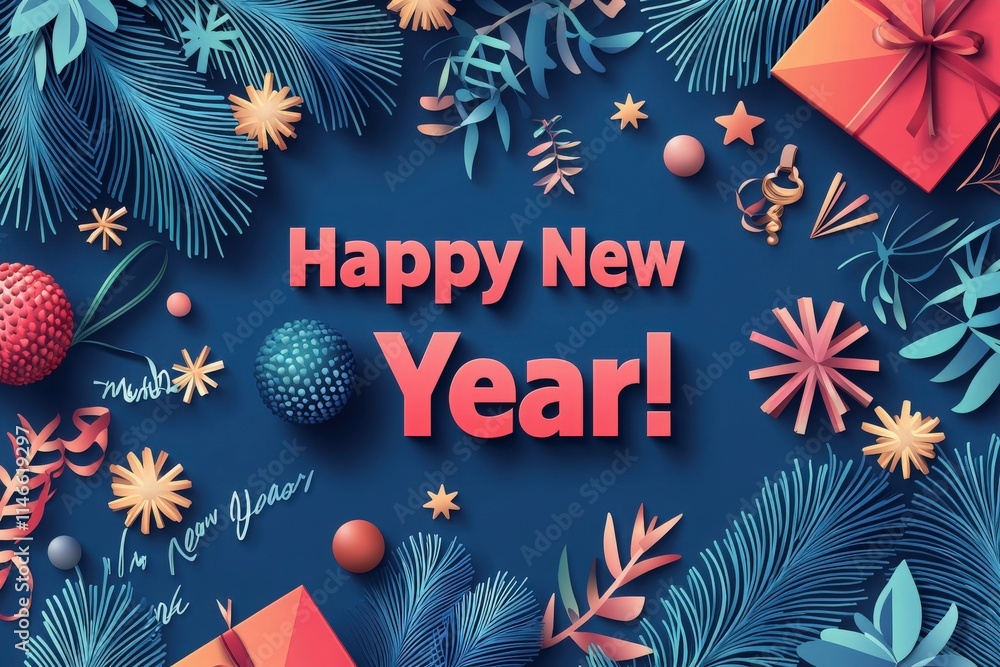 Colorful decorations surround the greeting for New Year, featuring vibrant elements like ornaments, stars, and gifts. The design creates a cheerful atmosphere for the celebration.