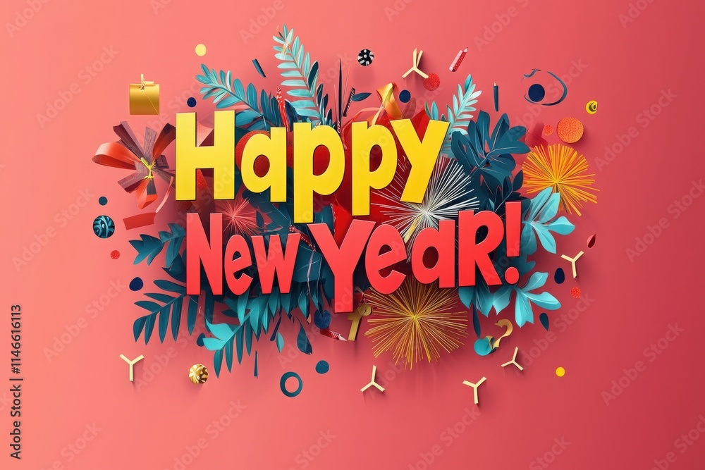 Colorful decorations with leaves, confetti, and festive elements convey excitement for the new year. Bold text announces the celebration, inviting joy and positivity.