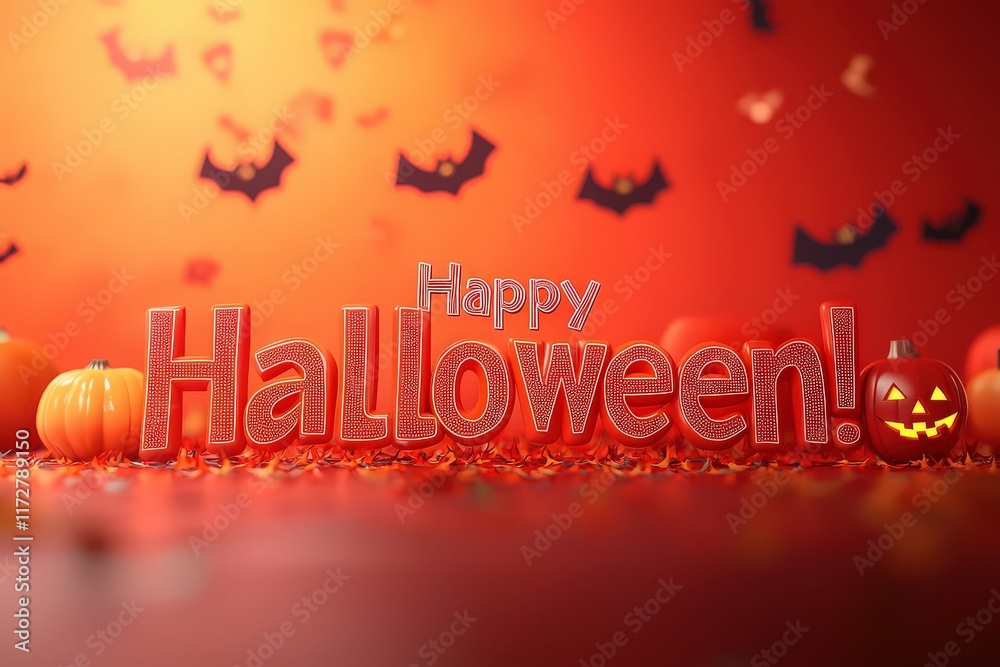 Colorful decorations with the words Happy Halloween are displayed among pumpkins and bats, creating a cheerful and spooky atmosphere. Perfect for autumn celebrations and festivities.