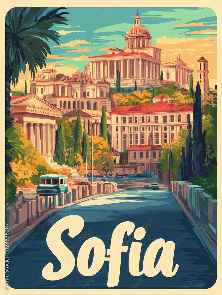Colorful depiction of Sofia highlights historic buildings atop a hill, surrounded by lush greenery and palm trees. A winding road leads into the citys charming landscape during daytime.