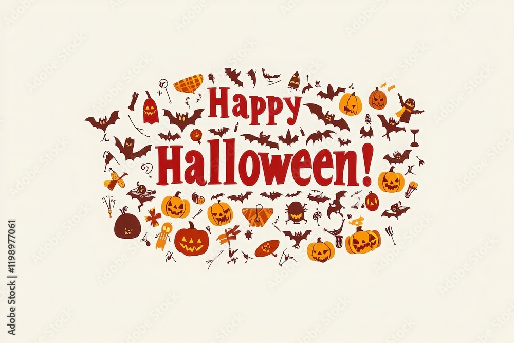 Colorful design features the phrase Happy Halloween! surrounded by playful pumpkins, bats, and various spooky icons. This festive arrangement captures the spirit of Halloween fun and celebration.
