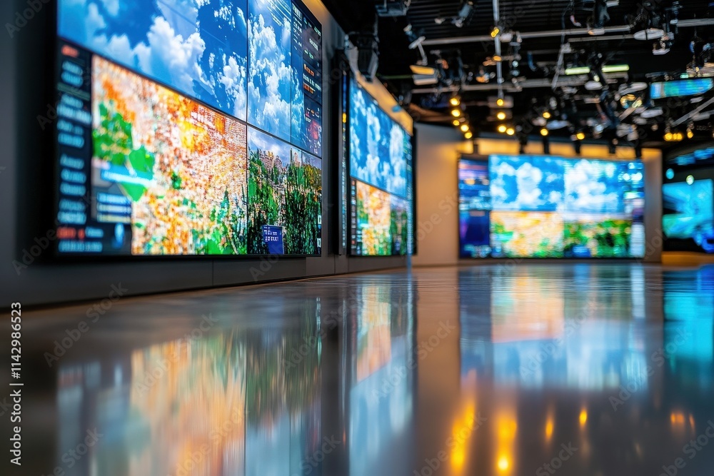 Colorful digital screens present detailed maps and weather information in a sleek, contemporary environment. Bright lighting enhances the innovative atmosphere of the space.