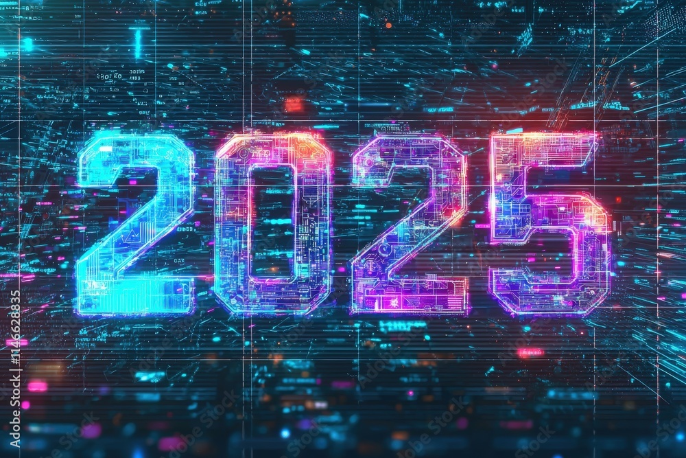 Colorful digits for 2025 are displayed against a backdrop of digital patterns and lines, symbolizing technological advancement and the future. Bright hues of blue and pink create a vibrant effect.