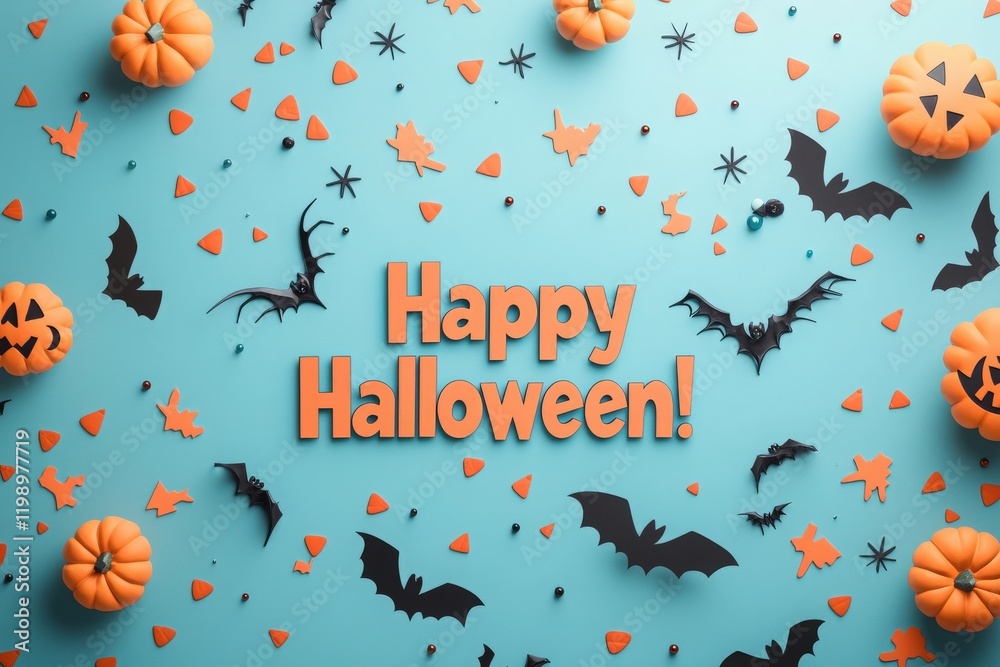 Colorful display features small pumpkins, black bats, and orange confetti scattered on a blue surface, creating a playful Halloween atmosphere for celebrations and events.
