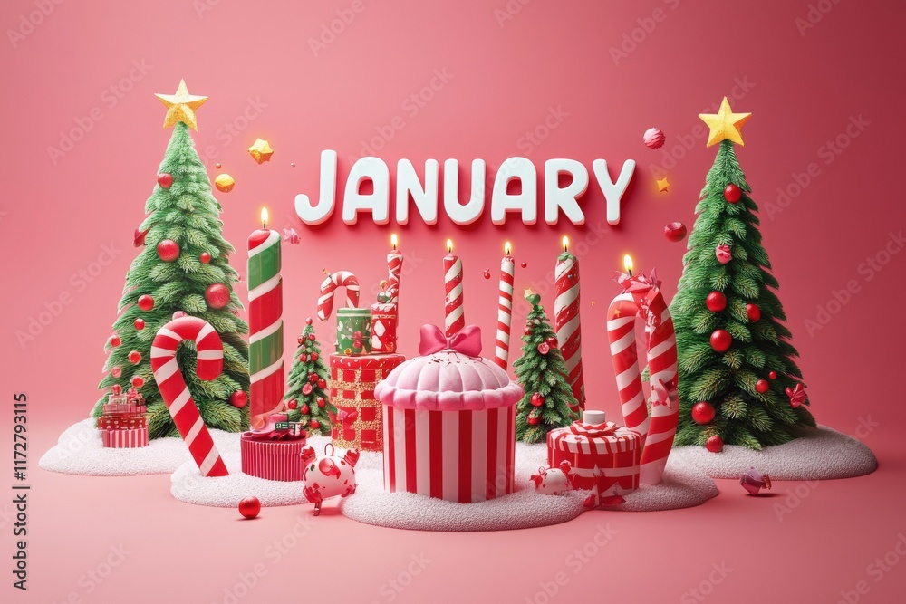 Colorful display for January features decorated trees, candy canes, and holiday gifts. The bright scene invites a festive atmosphere, perfect for welcoming the new year.