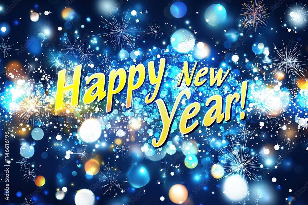 Colorful fireworks and sparkling lights create a joyful atmosphere to welcome the New Year. Bright hues of blue and yellow highlight the festive spirit of this special occasion.
