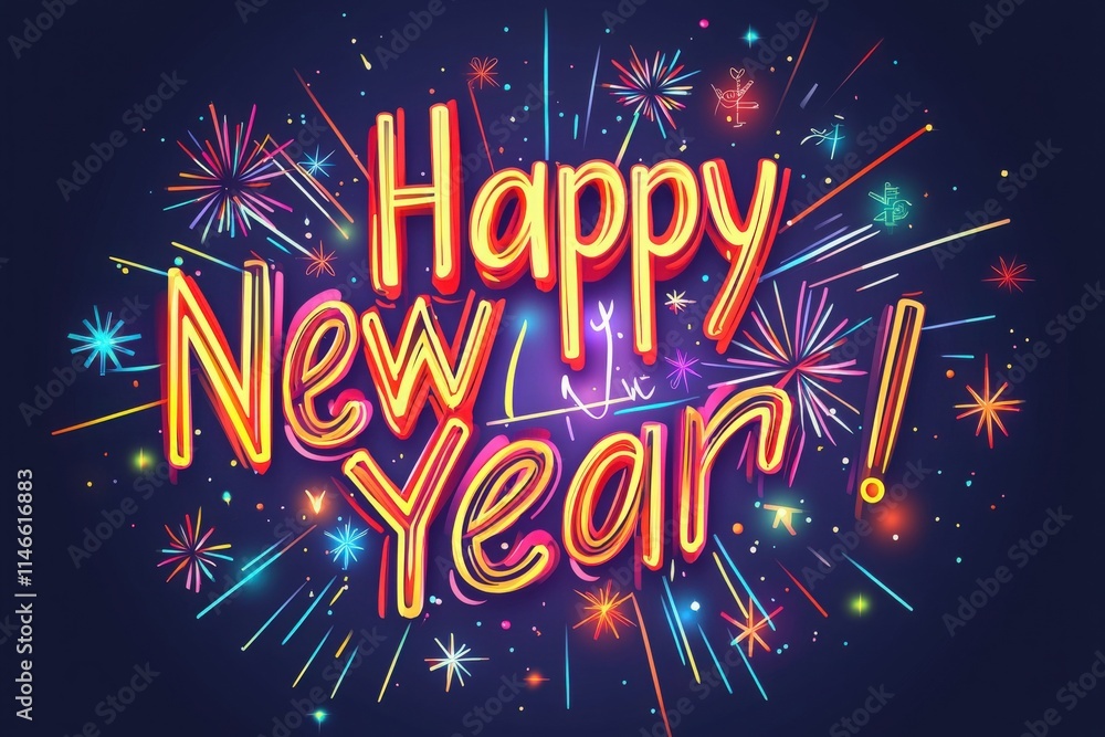 Colorful fireworks burst in the night sky, celebrating the new year with bright lights and cheerful designs. The atmosphere is joyful and festive, welcoming fresh beginnings together.