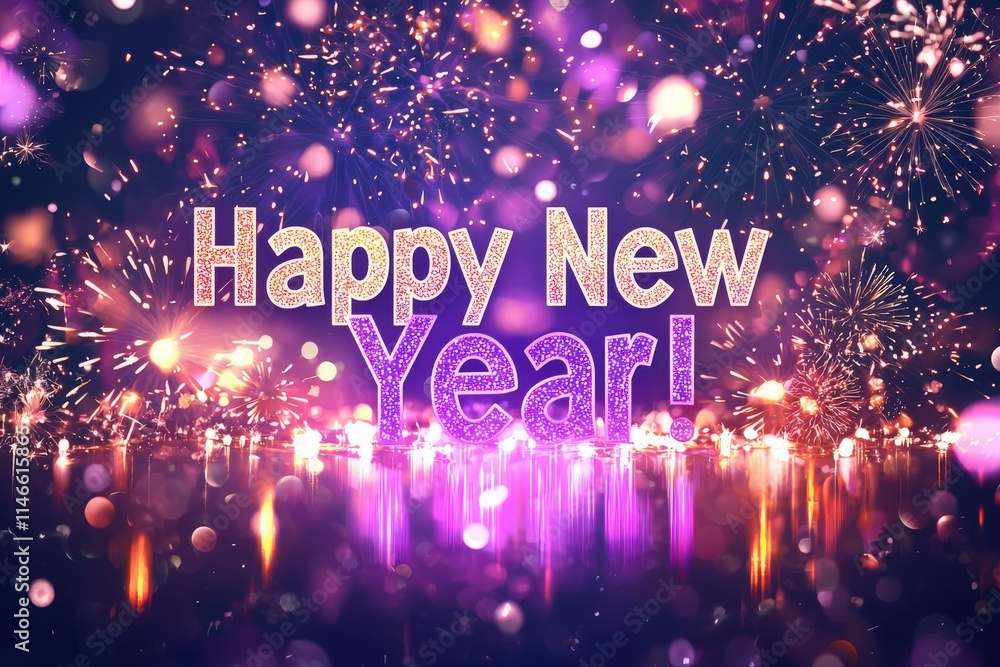 Colorful fireworks light up the night sky, celebrating the arrival of the New Year. Sparkling text wishes everyone a joyful and prosperous year ahead. The atmosphere is festive and exhilarating.
