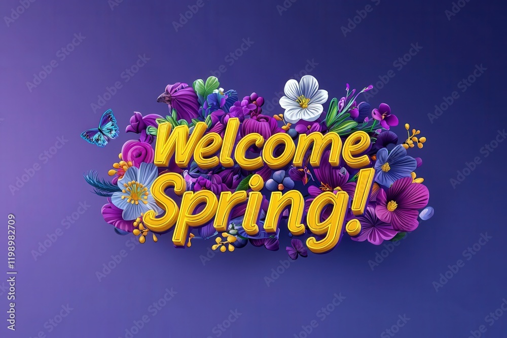 Colorful floral arrangement features various flowers and a butterfly, highlighting the arrival of spring. The design incorporates bold text that invites all to celebrate the seasons beauty.