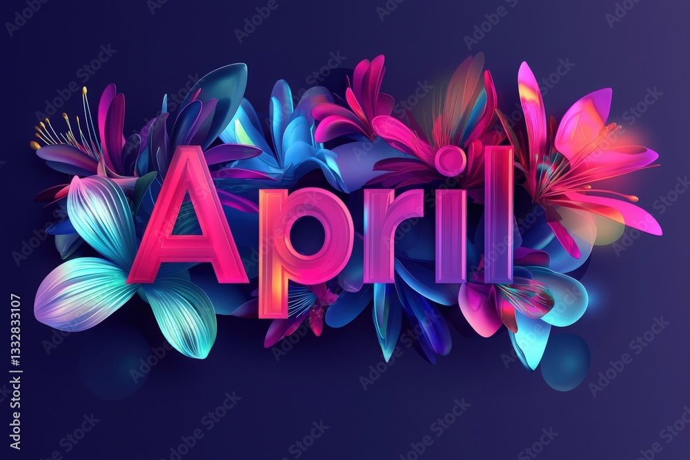 Colorful floral elements surround the bold letters spelling April, showcasing a blend of blues, pinks, and purples against a deep background. This artistic representation evokes the essence of spring.