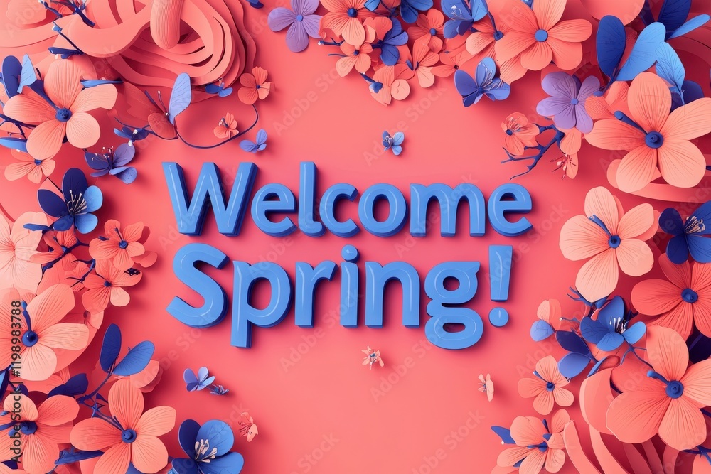 Colorful flowers and butterflies surround a cheerful message of welcome to spring, set against a bright pink background. The arrangement showcases the beauty of the season.