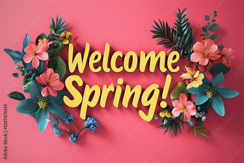Colorful flowers and green leaves decorate a bright pink background, creating a joyful welcome for spring. The vivid design evokes warmth and renewal, perfect for the season.