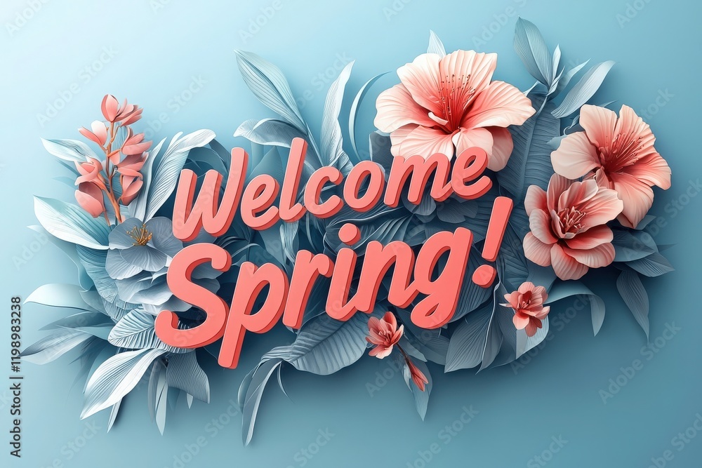 Colorful flowers and leaves form a vibrant backdrop with the text welcoming spring. This design captures the essence of the season with its lively hues and floral patterns.