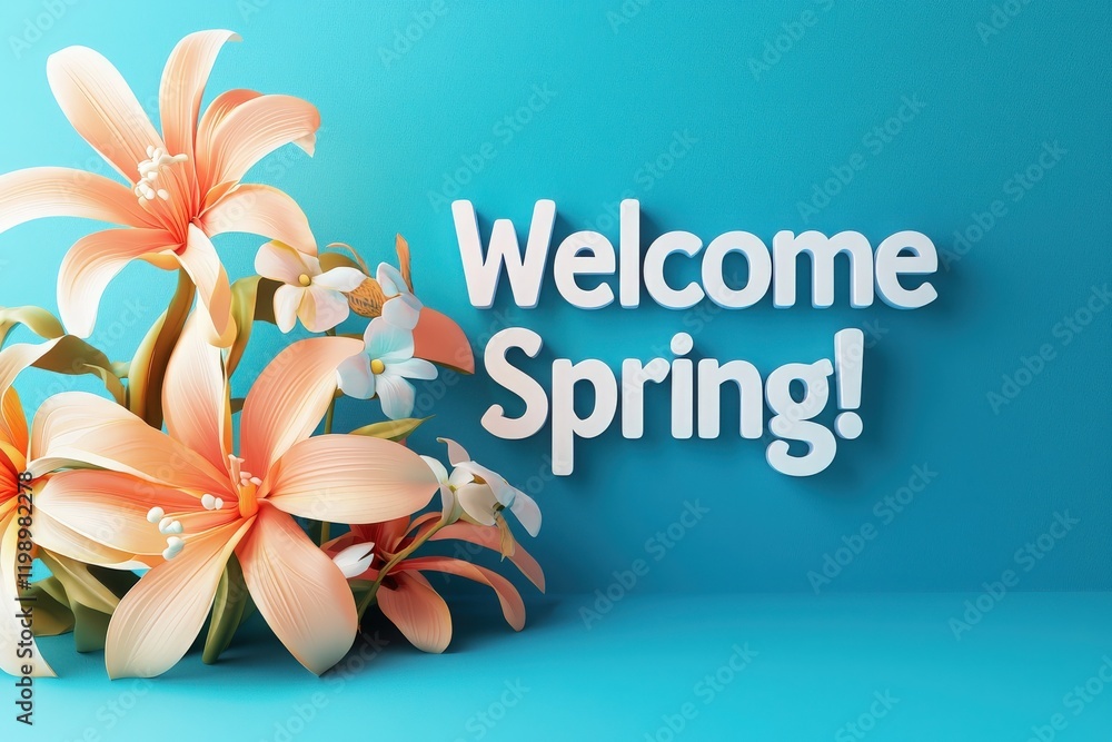 Colorful flowers bloom against a bright blue background, accompanied by a friendly spring welcome message. This cheerful display symbolizes the joy of the season and natures beauty.