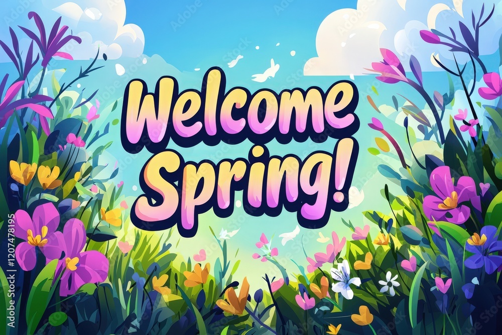 Colorful flowers bloom under a bright sky as spring arrives. Lush greenery and cheerful blossoms create a joyful atmosphere welcoming the new season and its beauty.