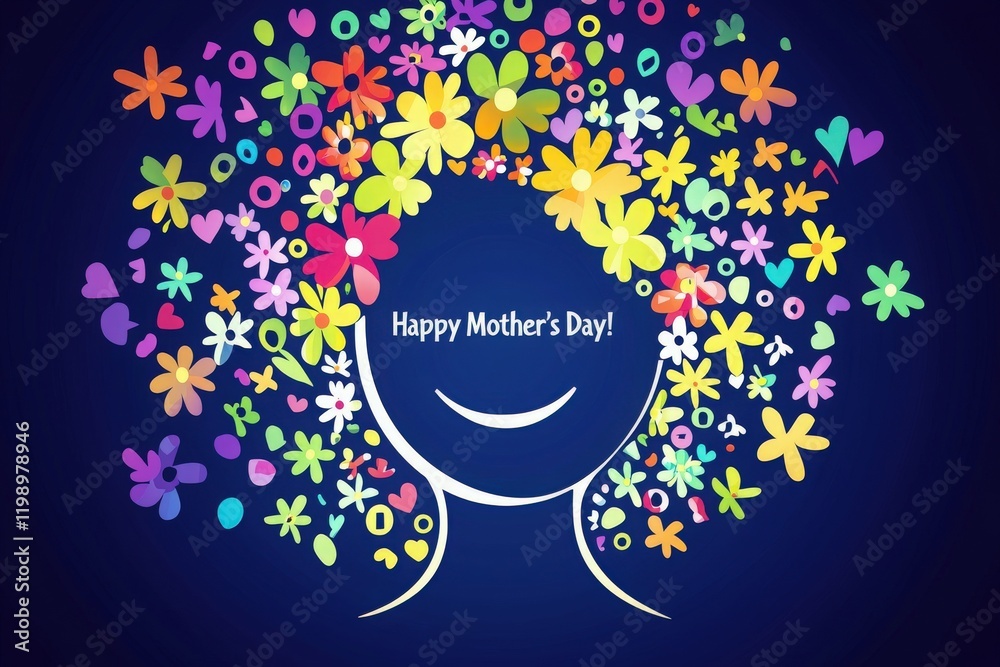 Colorful flowers create a joyful representation of motherhood, featuring a smiling face adorned with a variety of blooms. This design celebrates Mothers Day with warmth and cheerfulness.