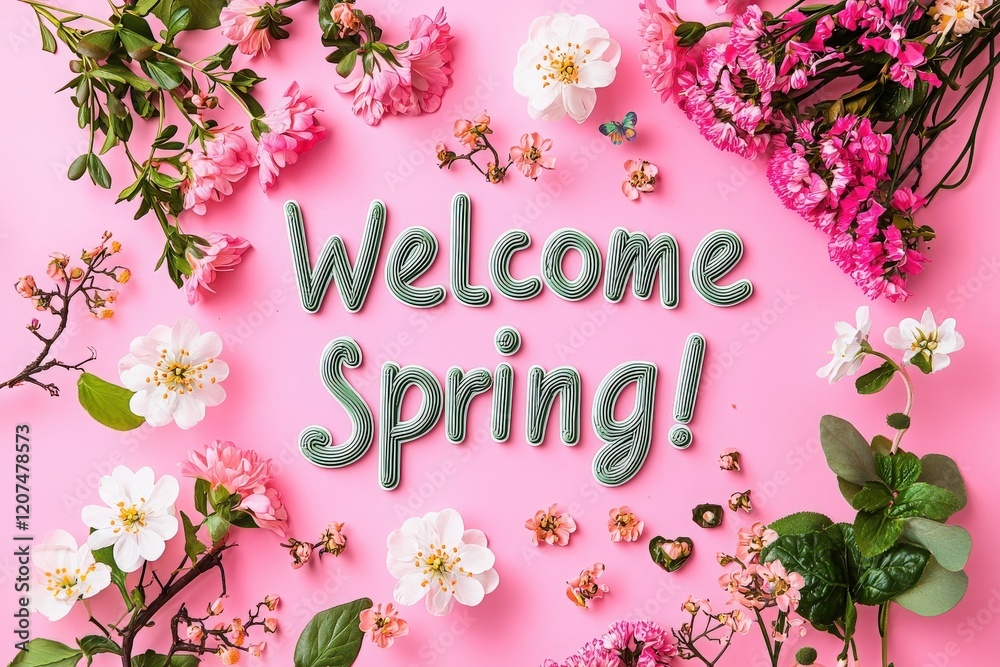 Colorful flowers surround a cheerful message that welcomes spring. The vibrant pink background enhances the joyful atmosphere, highlighting the beauty of the seasons blooms and greenery.