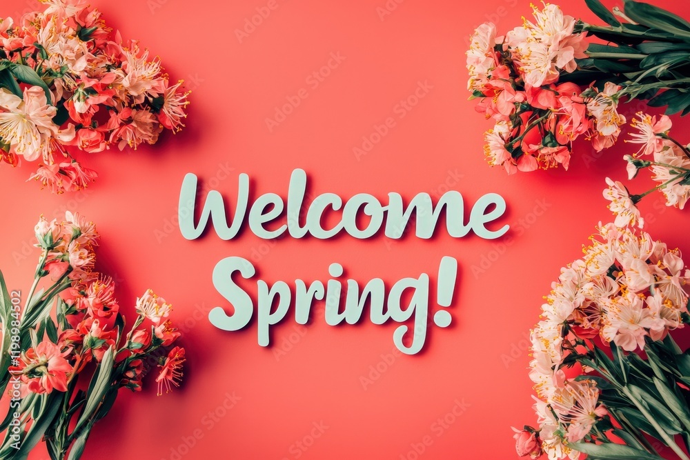 Colorful flowers surround a playful welcome spring message on a bright coral background, creating a joyful atmosphere that signals the arrival of the new season.